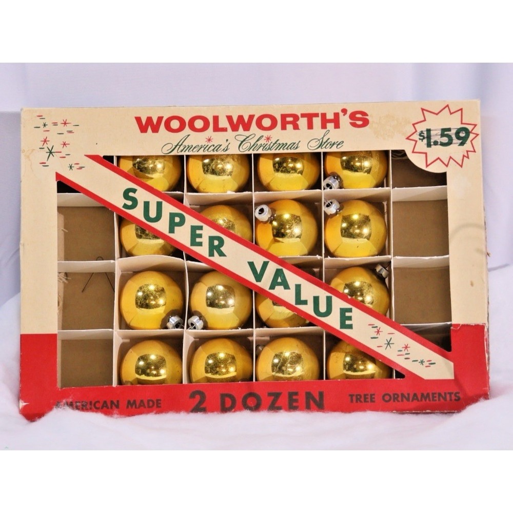 Vintage Woolworth's Gold Glass Tree Ornaments (16) Original‎ Box Set MCM Retro